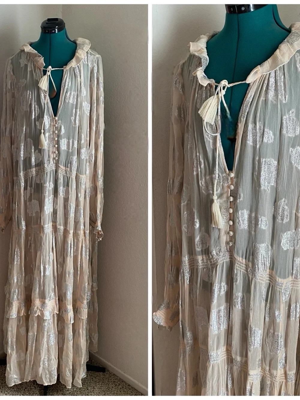 Anthropologie Cream and Silver Tassel Tie Long Metallic Dot Maxi Dress 3X - Picture 1 of 6